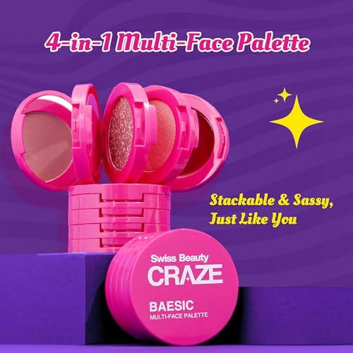 Swiss Beauty Craze Baesic 4-in-1 Multi-Face Palette | Lip & cheek cream | 2 Eyeshadow shades | 1 Highlighter | Shade- Delulu, 6g