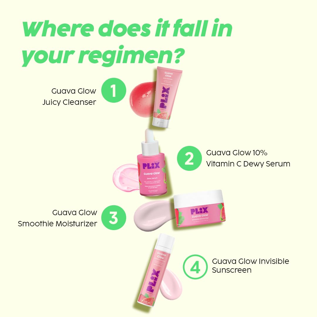 PLIX - The Plant Fix Guava Powered Regime for Glowy Skin | Hydrating Cleanser | 10% Vitamin C Dewy Serum | Smoothie Moisturizer | Promotes Hydration & Brightening | Glowing in 1 Use