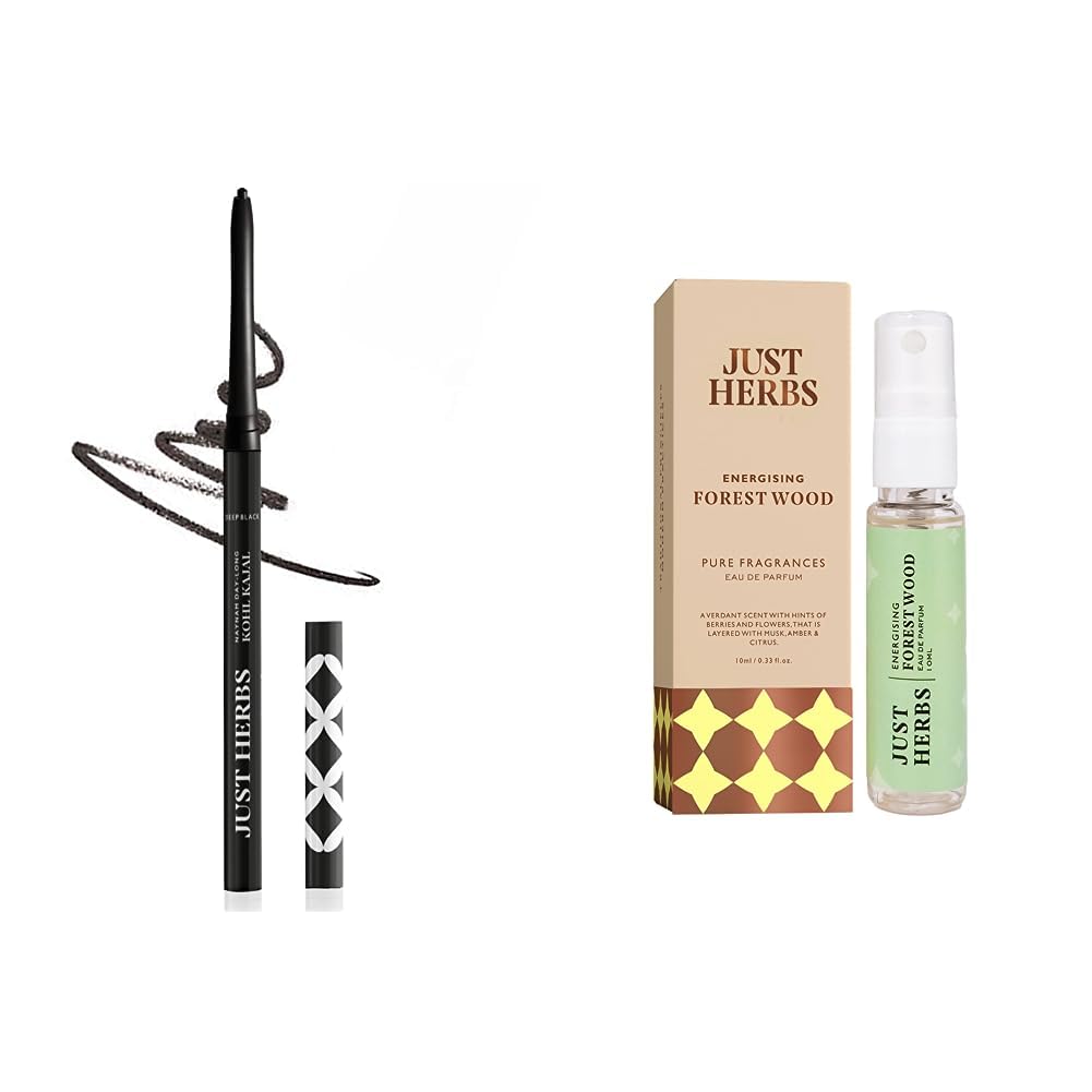 Just Herbs Retractable 2 In 1 Herbal Pencil Eyeliner + Kajal - Black 0.3G & Luxury Scent Long Lasting Forest Wood Travel Friendly Perfume 10Ml Combo, Matte Finish