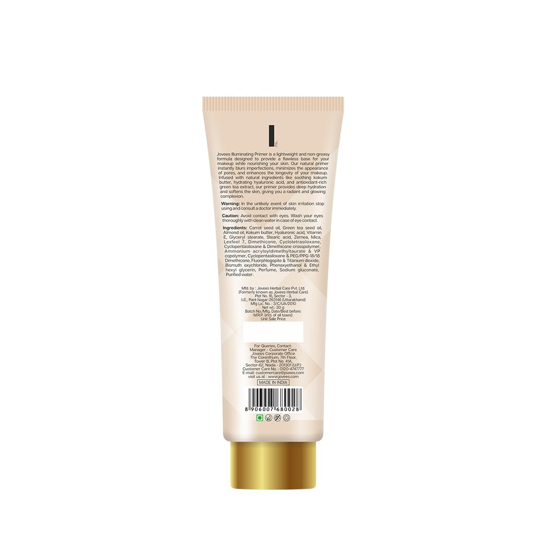 Jovees Herbal Illuminating Primer Infused with Hyaluronic Acid & Vitamin E | Hydrating & Smooth Natural Finish | Light Weight Formula | Natural Tint, 30gm
