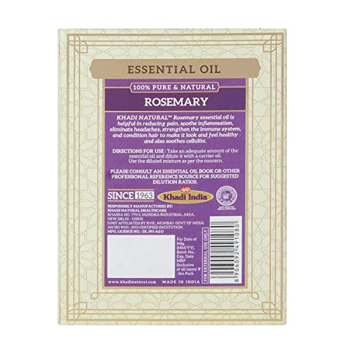 KHADI NATURAL Ayurvedic Rosemary Essential Oil| For for Skin, Hair growth, Aromatherapy| Stress-relieving properties| Natural and Therapeutic| 15ml