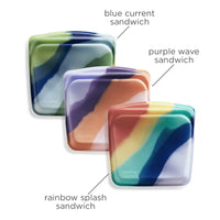 Stasher Reusable Silicone Storage Bag, Food Storage Container, Microwave and Dishwasher Safe, Leak-free, Bundle 3-Pack, Rainbow Splash + Purple Wave + Blue Current Multi