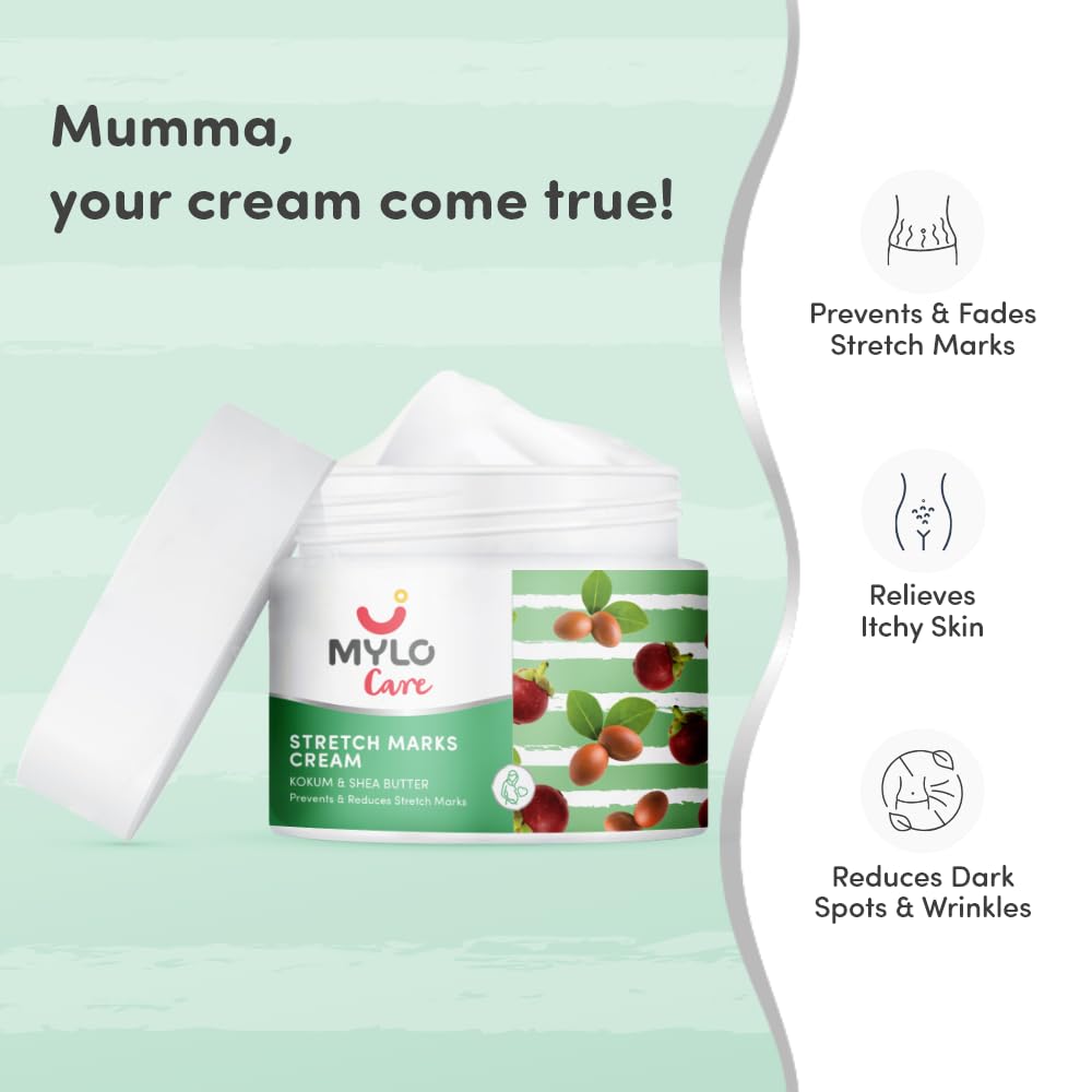 Mylo Care Stretch Marks Cream for Pregnancy with the Goodness of Shea Butter, Saffron, Kokum Butter and Aloe Vera, Australia Certified Toxin Free, No Mineral Oils - 100ml + 100ml (Pack of 2)