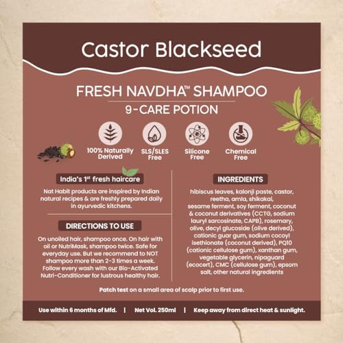 Nat Habit Castor Blackseed Navdha Shampoo - Natural Cleanser for Men, Enhances Immense Shine, Retains and Imparts Moisture, For Strong & Sunny Shine Hair, 250ml