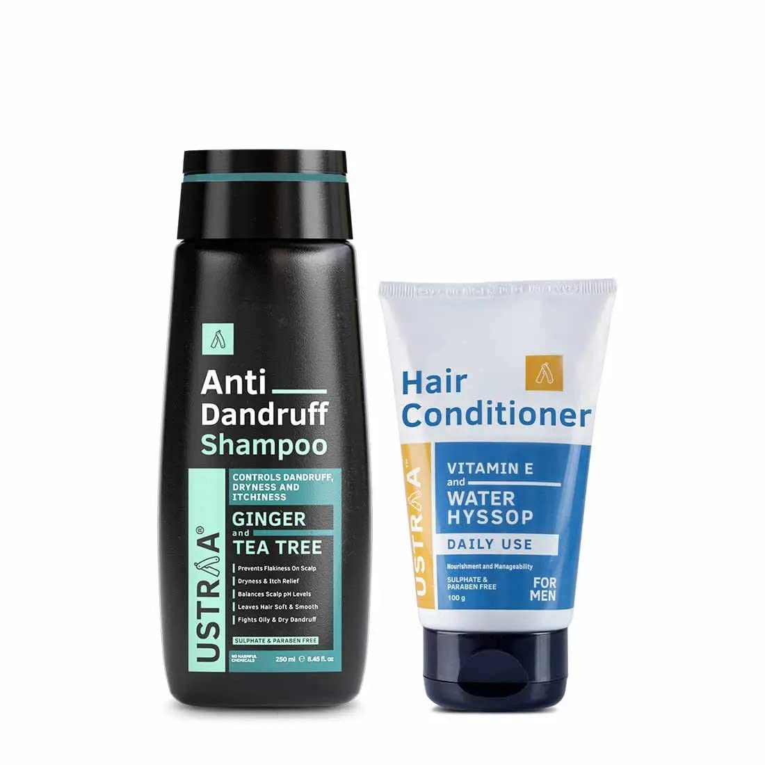 Ustraa Anti-Dandruff Shampoo 250ml - With Climbazole, Ginger & Tea Tree Oil, Controls Dandruff | & Daily Use Hair Conditioner - 100gm - Daily Use Post-Shampoo Conditioner | No SLS No Paraben