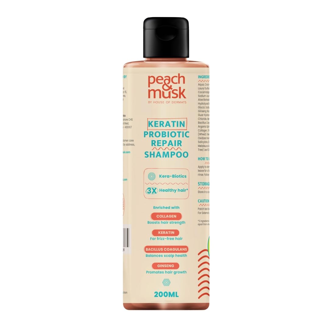 Peach & Musk Sulphate-Free Keratin Anti-Frizz Shampoo for Dry, Damaged Hair | Plant Based | Enriched with Probiotic & Collagen | Nourishing Shampoo for Smooth, Dry & Frizzy Hair | 250 ml