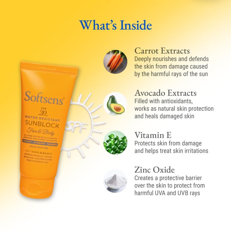Softsens Sunblock Spf 30 Lotion | Enriched with Vitamin E, avocado & carrot extracts | For Babies & Parents | 50g Pack of 2