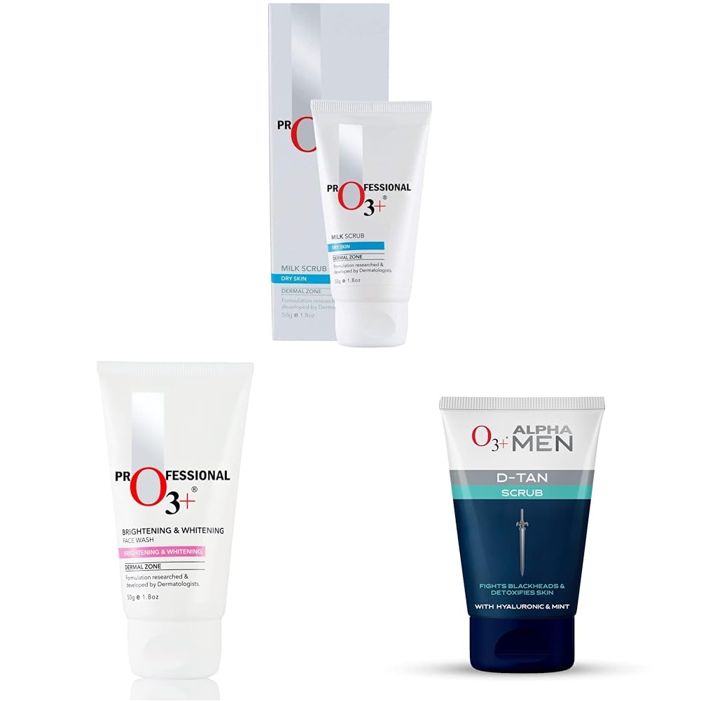 O3+ Milk Scrub Enriched with Macadamia Nuts Extracts for Clean & O3+ Brightening and Whitening Face Wash, 50g & O3+ ALPHA MEN Acno D-TAN Scrub With Hyaluronic & Mint 50g