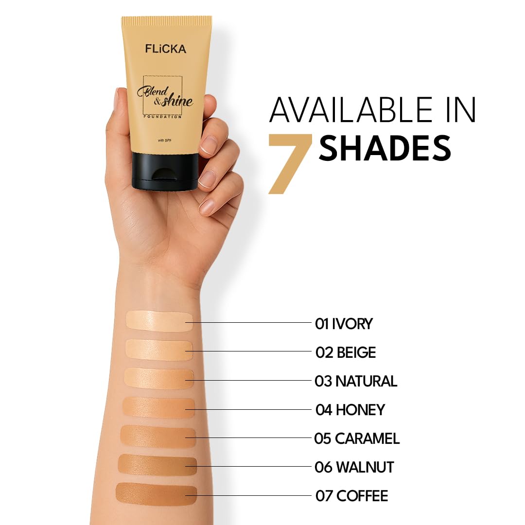 FLiCKA Blend and Shine Liquid Foundation for Face Makeup 30ml | Medium to High Coverage | Vitamin E, Avocado Oil & SPF | Moisturizing, Lightweight, Waterproof | All Skin Types | 02 Beige