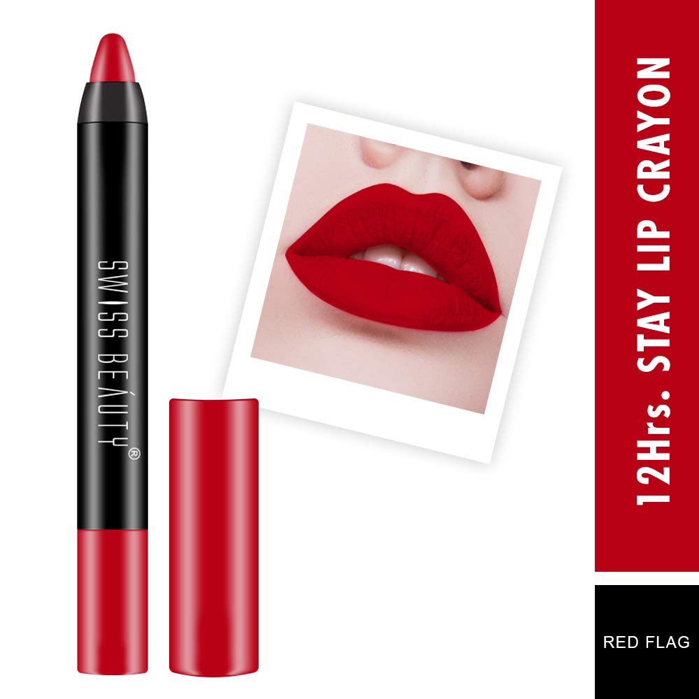 Swiss Beauty 12 Hrs. Stay Matte Lip Crayon, Red Flag, 3g - Long Lasting, Waterproof, Super Stay, Matte Finish Lip Crayon, Long Wear, Crayon Lipstick