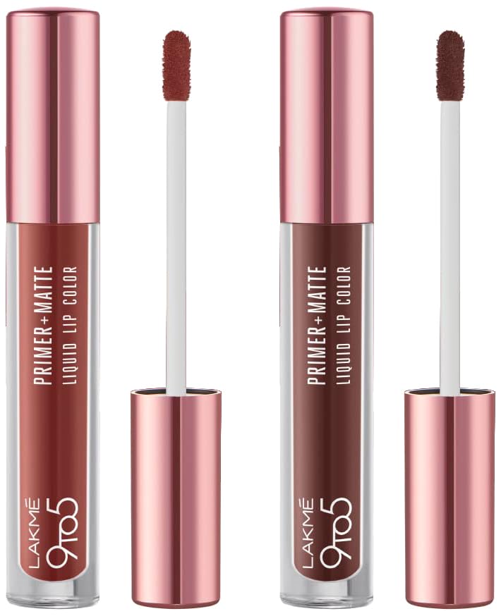 Lakmé 9to5 Primer + Matte Liquid Lip Color MB2 Intense Latte & Lakmé 9to5 Primer + Matte Liquid Lip Color MB3 Strong Espresso Combo