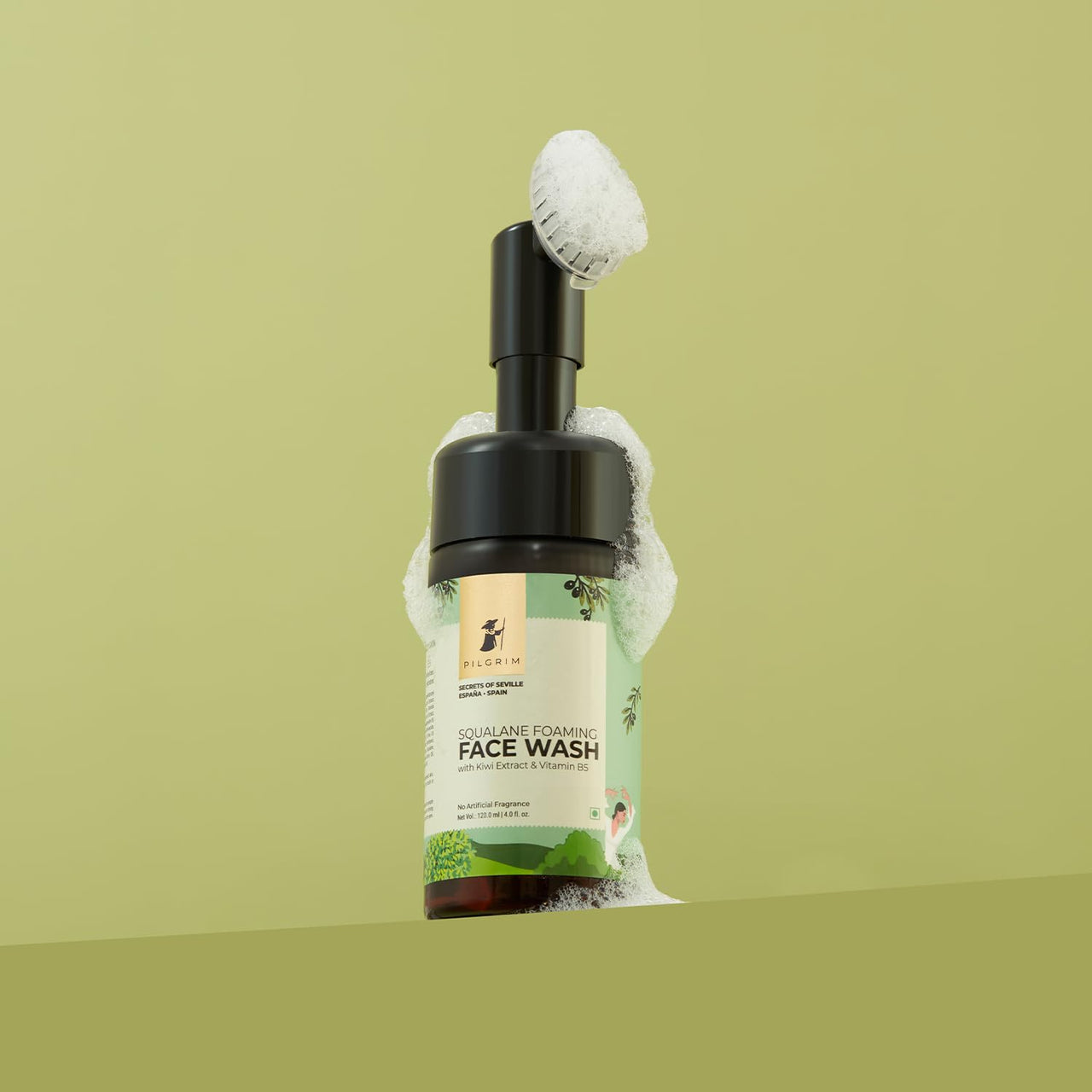 Pilgrim Spanish Squalane foaming face wash with Kiwi extracts & Aloe for skin hydration|Face wash with brush|Non drying cleanser for face | Face wash for dry & combination skin|For Men & Women | 120ml
