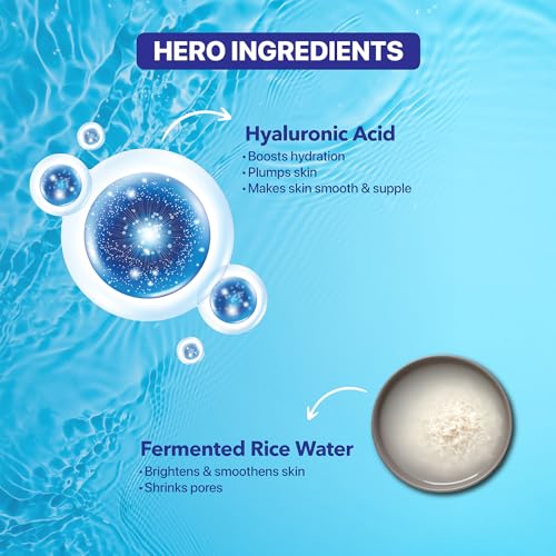 Nature's Essence Hydra Glow Oil free Moisturizer for face, Glowing Skin, light formulation gel infused with Hyaluronic Acid & Fermented Rice Water, Non Sticky, Long Lasting Hydration upto 48Hrs, 100g