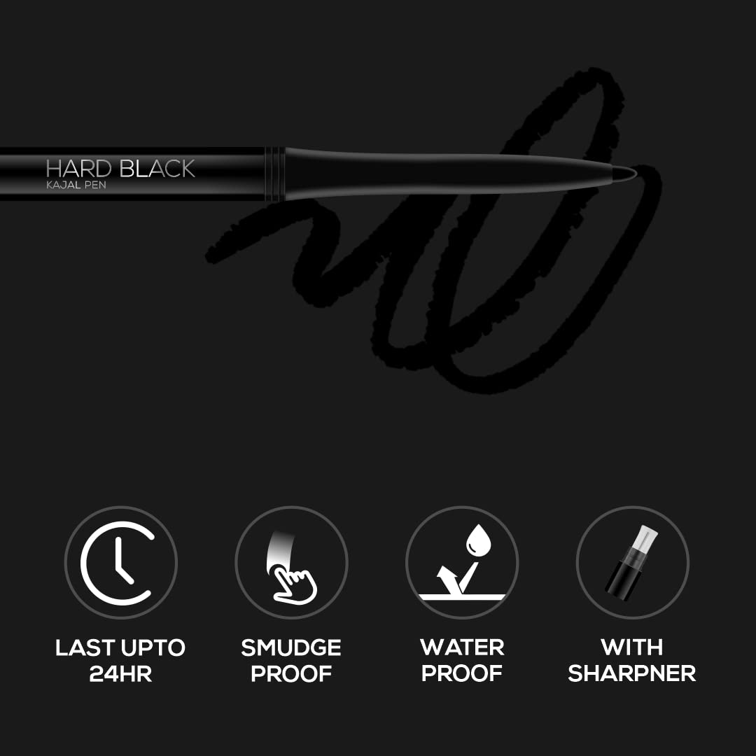 RENEE Hard Black Kajal Pen with Sharpener, 24 Hrs Stay Long Lasting Super Black Kajal Pencil 0.35gm, Matte Finish, Rich Color Payoff, Smudge & Water Proof with One Swipe Application Formula