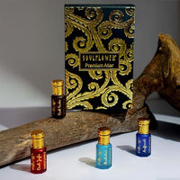 Soulflower Premium Attar Set Alcohol Free luxury Perfume Roll On Gift Hamper for Men & Women, Combination of Fragrance Oudh, Musky, Woody, Floral, Amber, Fresh & Spicy, Set of 4 (5ml Each)