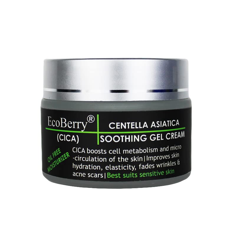 EcoBerry Centella Asiatica (CICA) Soothing Gel Cream | Acne Prone, Sensitive Skin, Moisturizer, Organic, Non Comedogenic, Paraben Free, Chemical Free, Cruelty Free, Mineral Oil Free, Preservative Free, Vegan