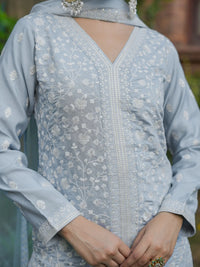 Libas Art Grey Embroidered Silk Blend Straight Suit with Dupatta
