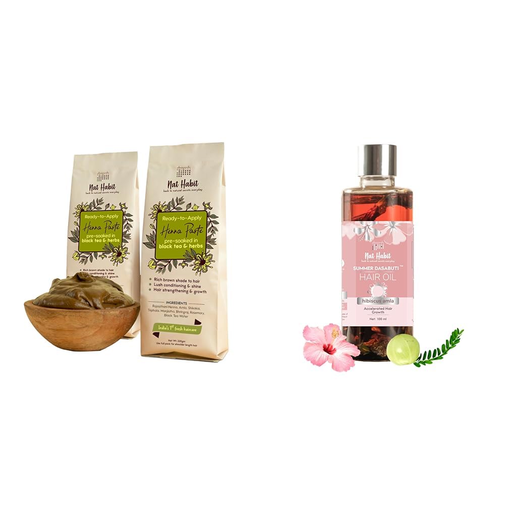 Nat Habit Fresh Ready-To-Apply Henna Paste & Hibiscus Amla Dasabuti Hair Oil for Growth & Conditioning With Rich Dark Brown Color (2 x 220g and 100ml) Combo Pack of 3