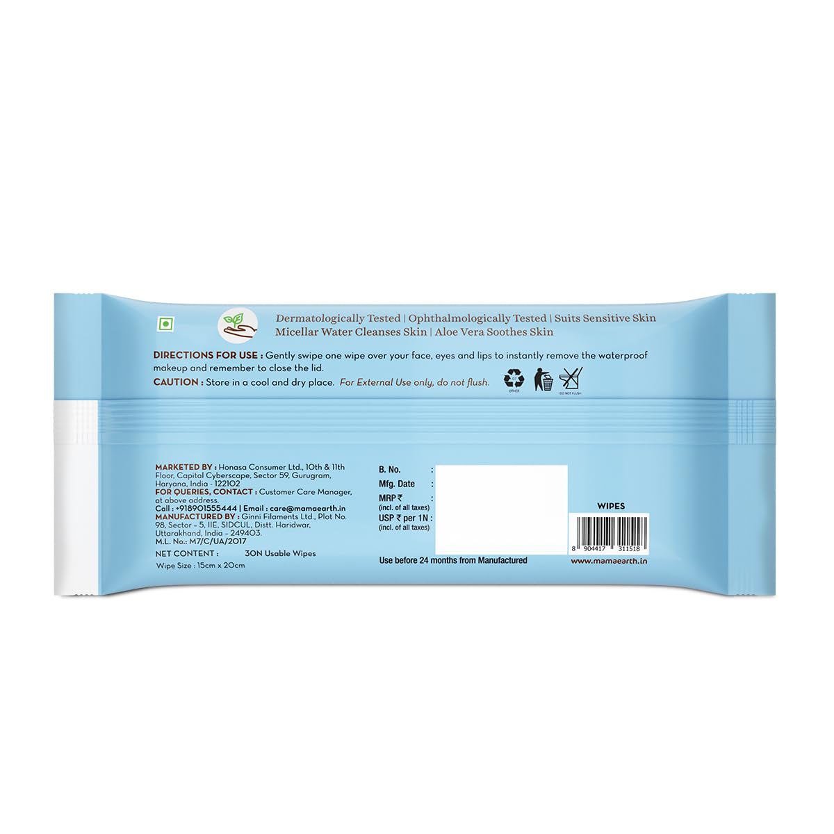 Mamaearth Micellar Gentle Makeup Remover Wipes - 30Nos|Gentle on Skin |Soothes Skin |Removes Waterproof Makeup For Eyes and Lips |No Alcohol |No Fragrance |Dermatologically & Ophthalmologically Tested