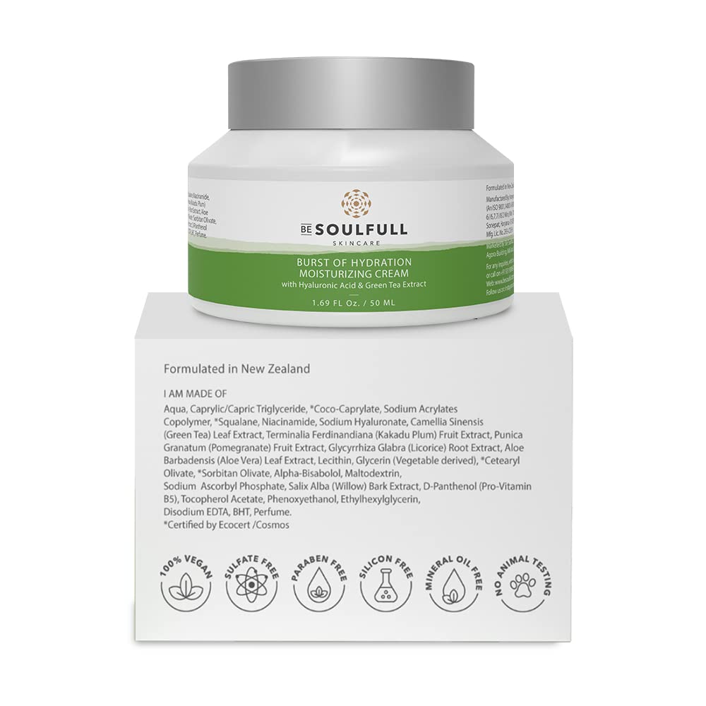 BE SOULFULL Moisturizing Cream- Hydrating Moisturizer with Hyaluronic Acid and Green Tea Extracts For Healthy Glowing Skin- Daily Lightweight Face Cream for Dry and Dehydrated Skin- 50gm