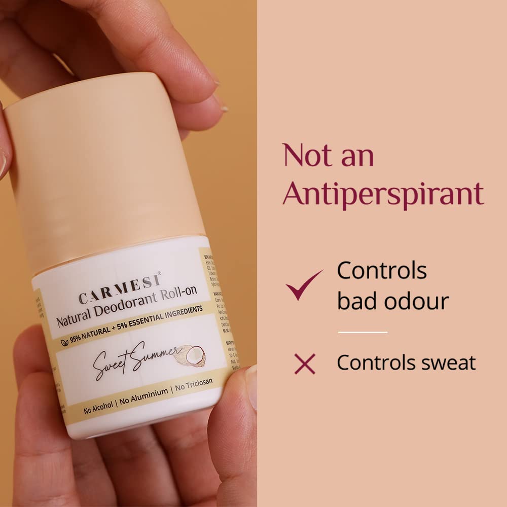 Carmesi Natural UnderArms Roll On Deodorant for Women | 95% Natural + 5% Essential Ingredients | For Fresh Underarms All Day | No Alcohol & Aluminium | Sweet Summer | 50 ml (Pack of 2)