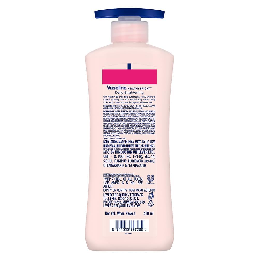 Vaseline Healthy Bright Body Lotion 400ml, Daily Brightening Body Moisturizer with Sunscreen for Dry Skin, Lotion for Non-Greasy Glowing Skin