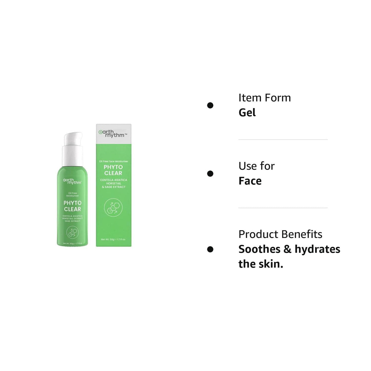 Earth Rhythm Phyto Clear Oil Free Moisturizer, Hydrates & Moisturize skin, for Acne & Redness with Centella Asiatica, Sage Extract, for Oily & Acne Prone Skin, Men & Women - 50ml