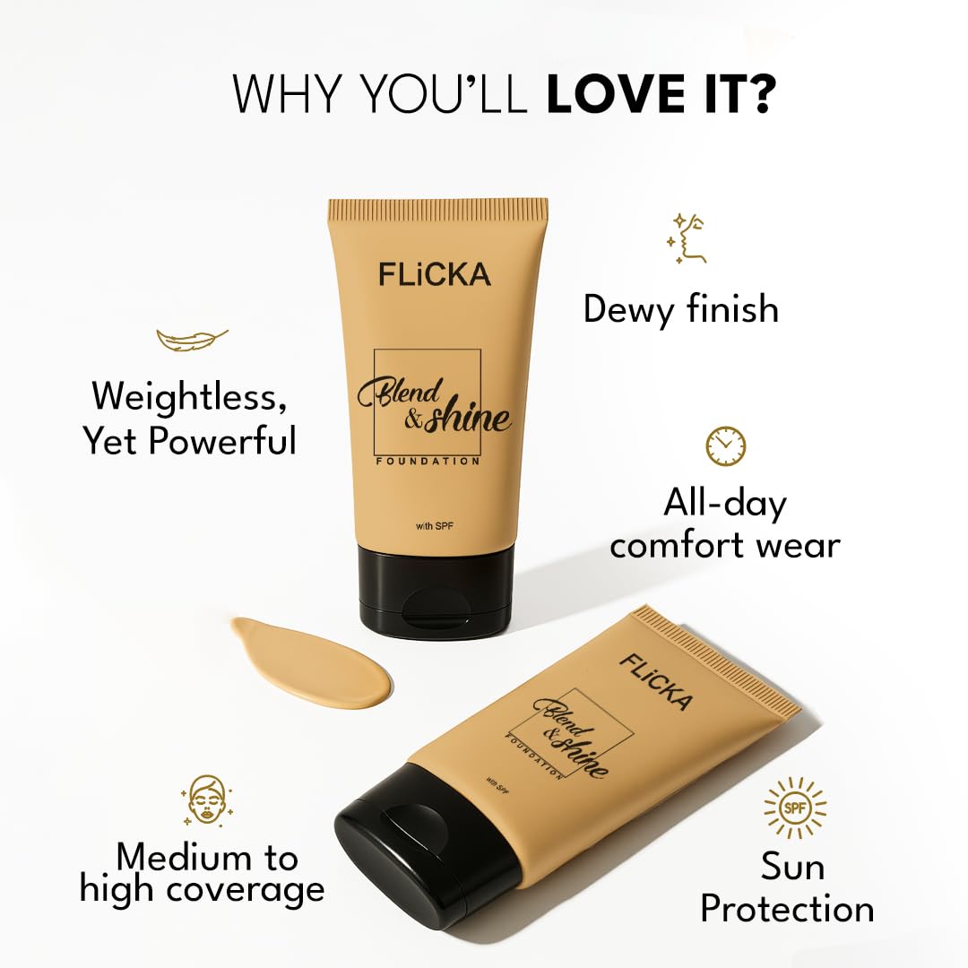 FLiCKA Blend and Shine Liquid Foundation for Face Makeup 30ml | Medium to High Coverage | Vitamin E, Avocado Oil & SPF | Moisturizing, Lightweight, Waterproof | All Skin Types | 02 Beige