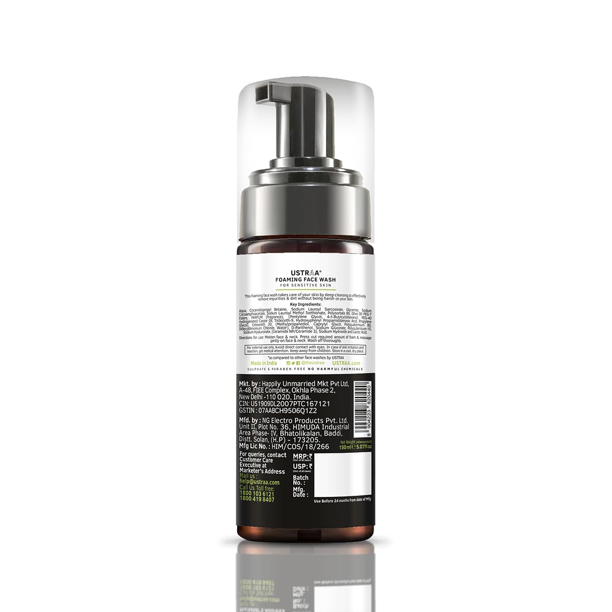 Ustraa Foaming Face Wash - 150ml - with Ceramide & Hyaluronic Acid - For Sensitive Skin | Gentle Formulation | Keeps pH in Balance | Dermatologically Tested | NO SLS, NO PARABEN