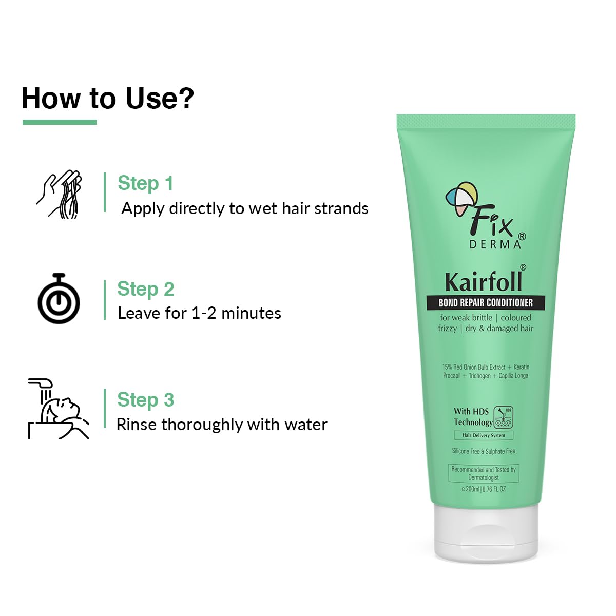 FIXDERMA Kairfoll 15% Red Onion Conditioner With Castor Oil for Growth, Bond Repair for Coloured Hair, Women's Conditioner for Dry & Frizzy Hair - 200 Millilitre