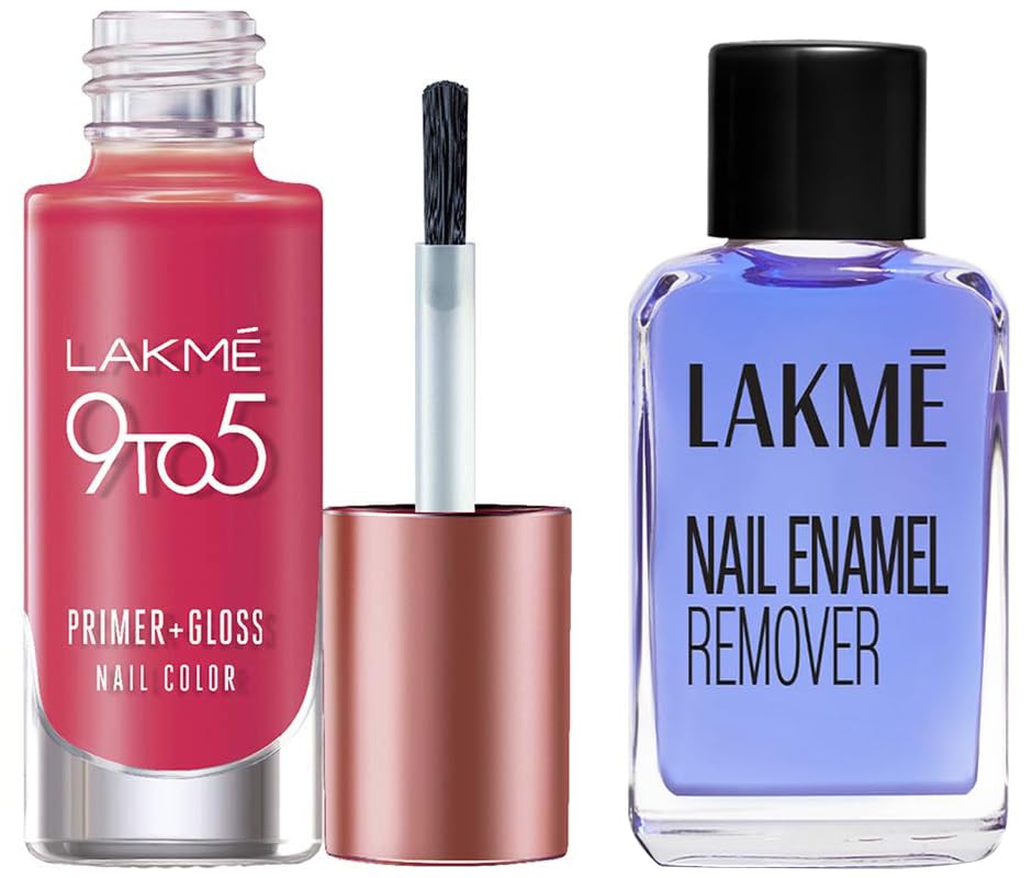 Lakmé 9 To 5 Primer + Glossy Finish Nail Colour & Nail Color Remover Combo, 405 Ml