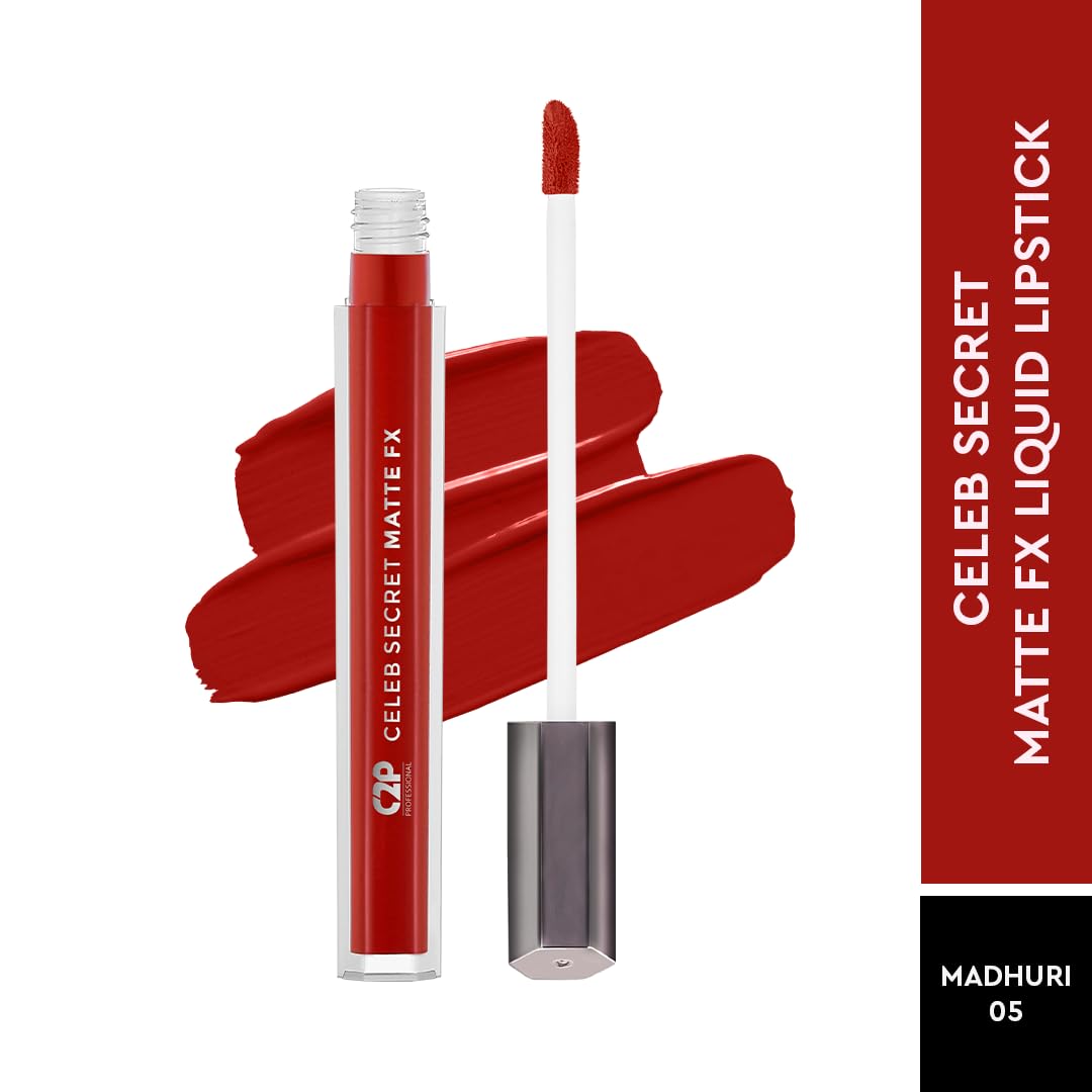 C2P Pro Liquid Lipstick Waterproof Matte Orange Lipsticks for Women | Long Lasting Smudge Proof | Infused with Argan Oil, Celeb Secret (Liquid Lipstick Madhuri, 2 ml)