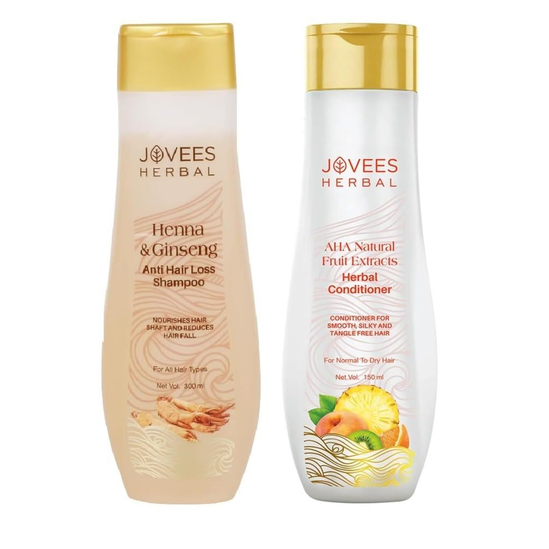 Jovees Herbal Henna & Ginseng Anti Hair Loss Shampoo | For Hair Growth 300ml & AHA Natural Fruit Extracts Herbal Conditioner | Gives Smooth, Silky And Tangle Free Hair 300ml (Pack of 2)