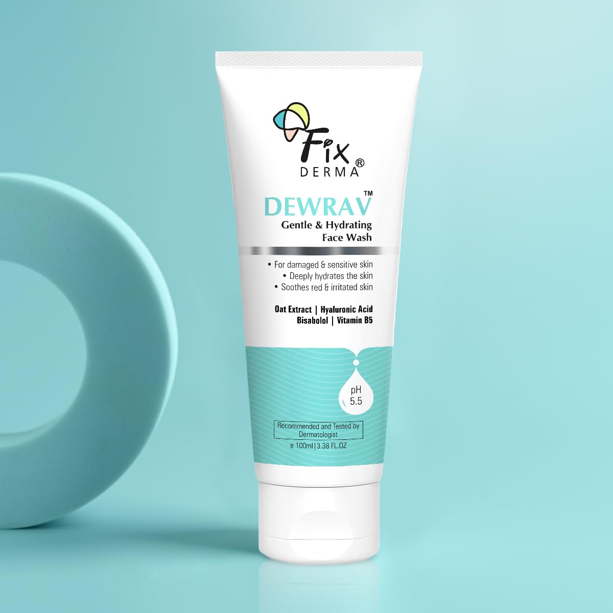 Fixderma Dewrav Gentle & Hydrating Face Wash with 6% Oats Extract, Hyaluronic Acid, Vitamin B5, Bisabolol | Soothes Irritated Skin | Provides Hydration | Face Cleanser For Sensitive, Dry to Normal Skin, 100Ml