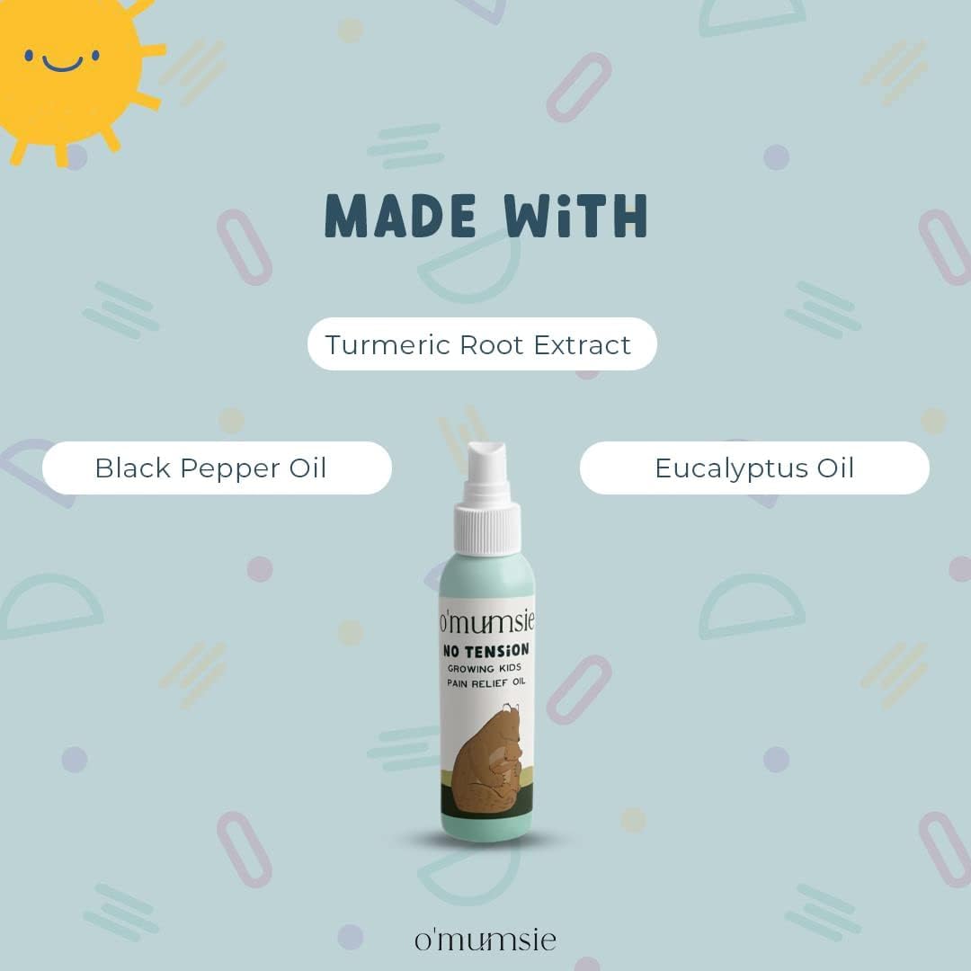 o'mumsie No Tension Baby Pain Relief Massage Oil For 0-7 Years Old | Baby Massage Oil with Mint Crystals, Turmeric Root Extract and Black Pepper For Leg & Body Pains - 50 ml