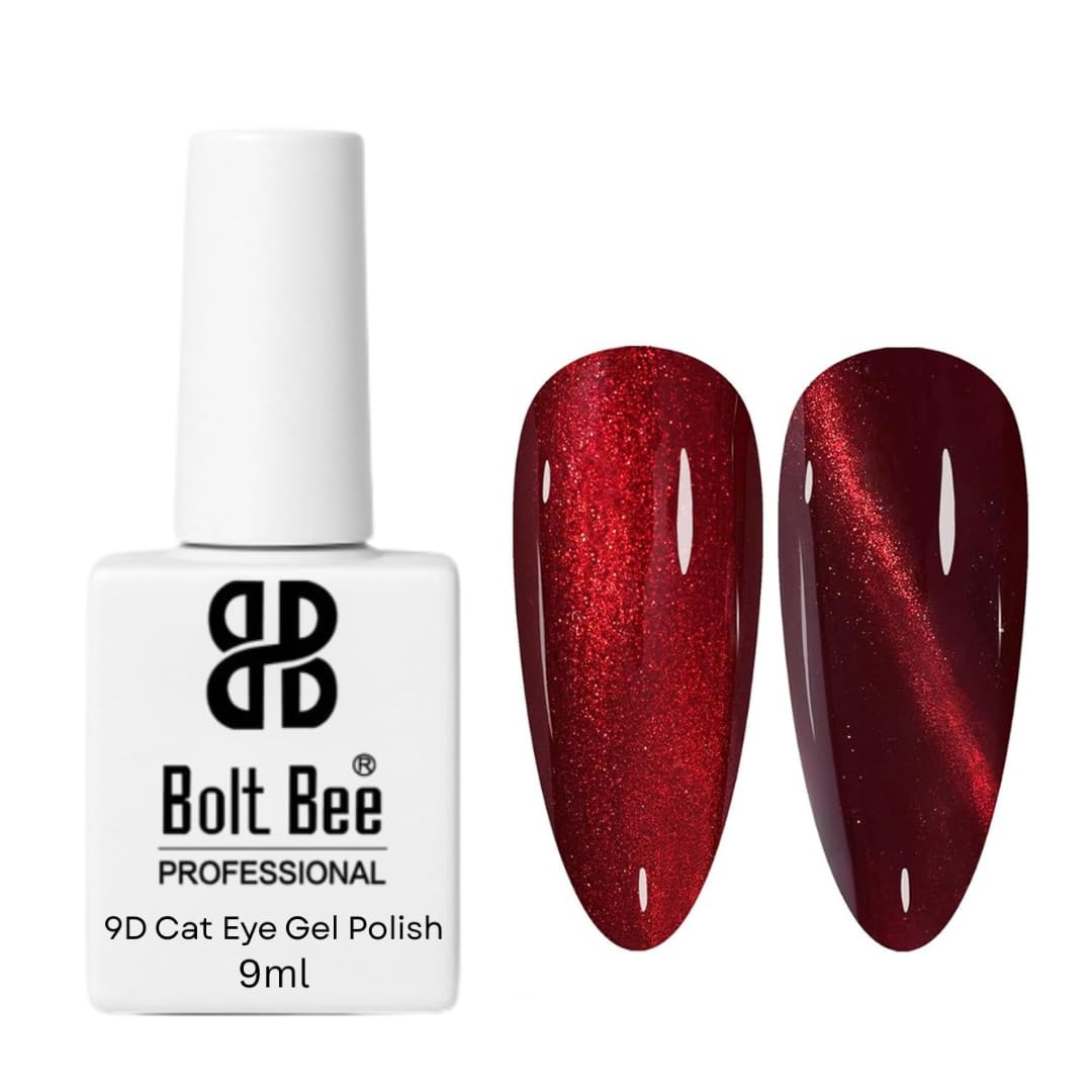 Bolt Bee 9D Cat Eye Gel Nail Polish Magnetic Soak Off UV/LED Gel, Long-Lasting, High Shine, Glitter Effect, Salon & DIY Manicure 9ml (Red)