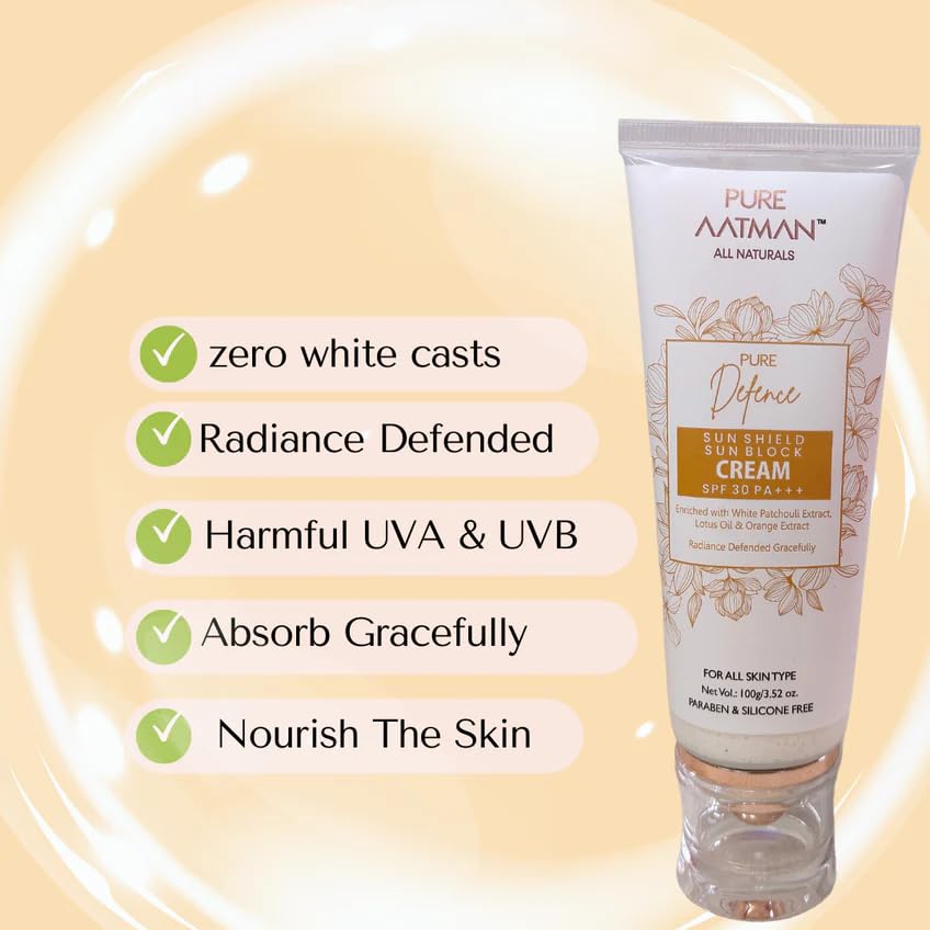 Pure Aatman Lotus Oil & Orange Extract Sunblock Sunscreen SPF 30 PA+++ UVA/UVB Sunscreen|Non-Sticky with Zero White Cast | Visibly Flawless Skin | Suitable for Acne & Sensitive Skin | 100gm