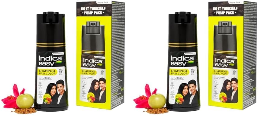 Indica Easy Do-It-Yourself Hair Color Shampoo Pump Pack with 5 Herbal Extracts and 100% Ammonia Free, Long Lasting Formula, 180 ML - Natural Black Colour (Gloves Included) (Pack of 2)
