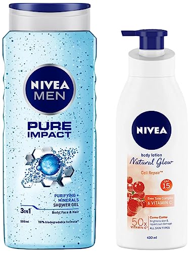 Nivea Body Lotion, Extra Whitening Cell Repair SPF 15, For All Skin Types, 400ml & Men Pure Impact Shower Gel, 500ml, Hair, Face & Body Wash