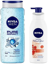 Nivea Body Lotion, Extra Whitening Cell Repair SPF 15, For All Skin Types, 400ml & Men Pure Impact Shower Gel, 500ml, Hair, Face & Body Wash