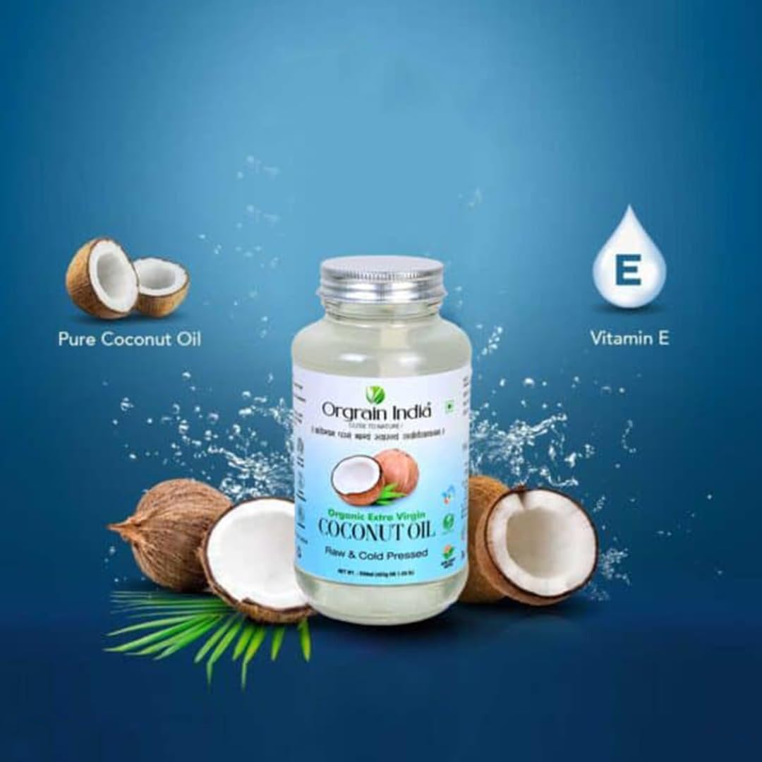 Orgrain India Certified Organic Raw Cold Pressed Extra Virgin Coconut Oil | Unrefined, Zero Heat Process, Supports Immunity, Hair & Skin, Massage, 100% Edible with Rich Tropical (500ml)