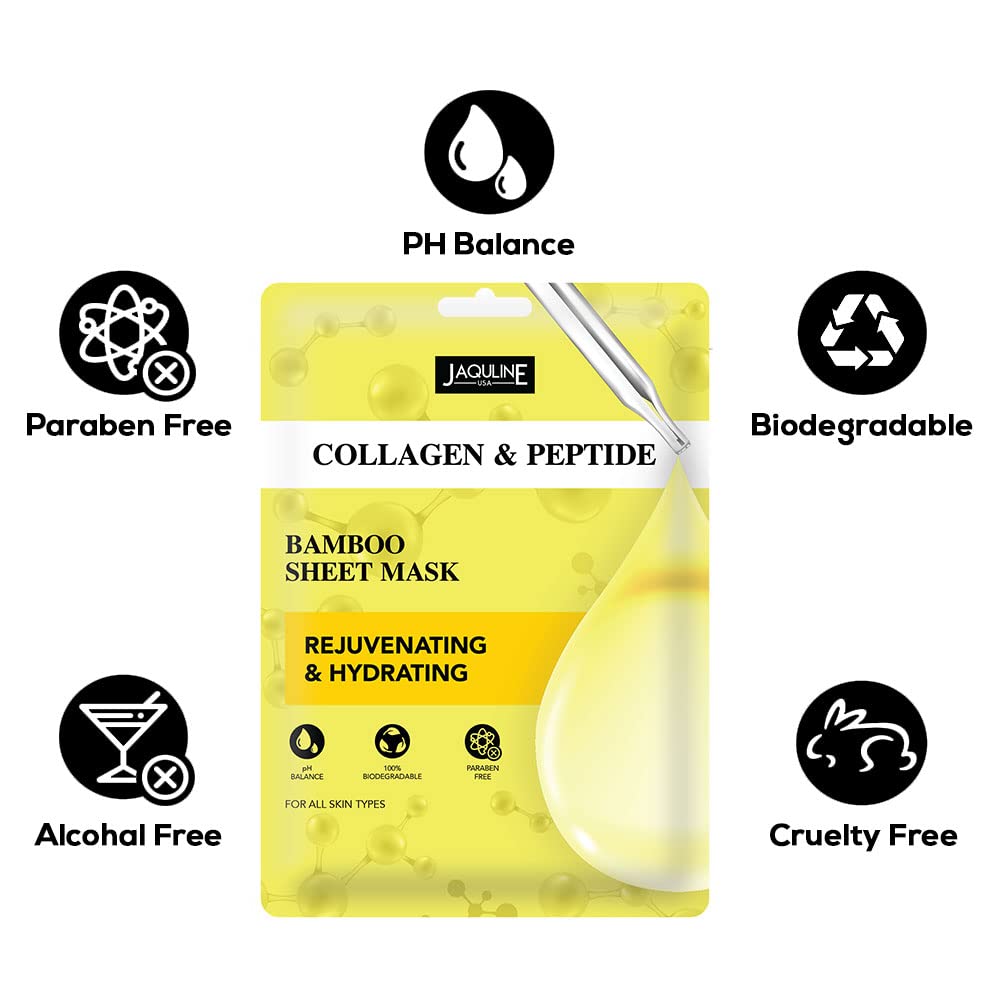 Jaquline USA Collagen & Peptide Sheet Mask|Zero Paraben And Sulphate|Biodegradable Ber Masks| Light-Weight| Hydrating And Skin Firming, 1 Count