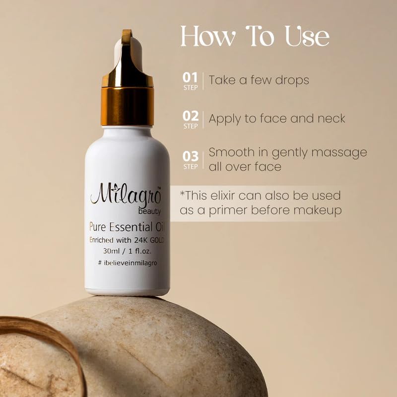 Milagro Beauty Essential Oil For Skin 24K Gold, Sunflower & Almond Oils, Toner Alcohol & Fragrance Free, Fades Blemishes, Brightens & Smoothens Skin, 100% Vegan Skincare Treatment (5Ml)