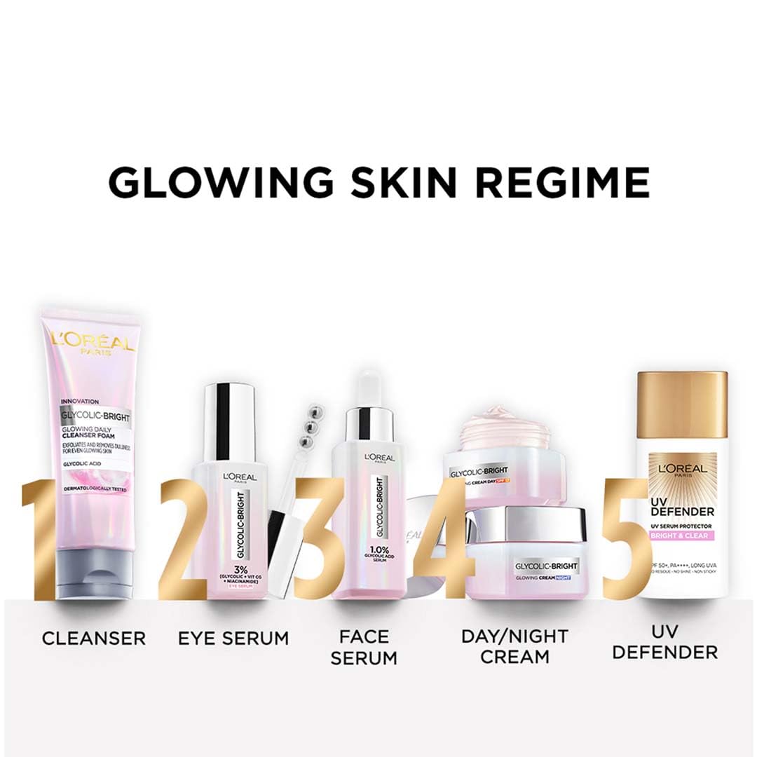 L'Oreal Paris Glycolic Bright Glowing Day Cream, Overnight Brightening Cream, Glycolic Acid in Gel-Like Cream Texture, that Visbily Minimizes Spots & Reveals Glowing skin, 50ml