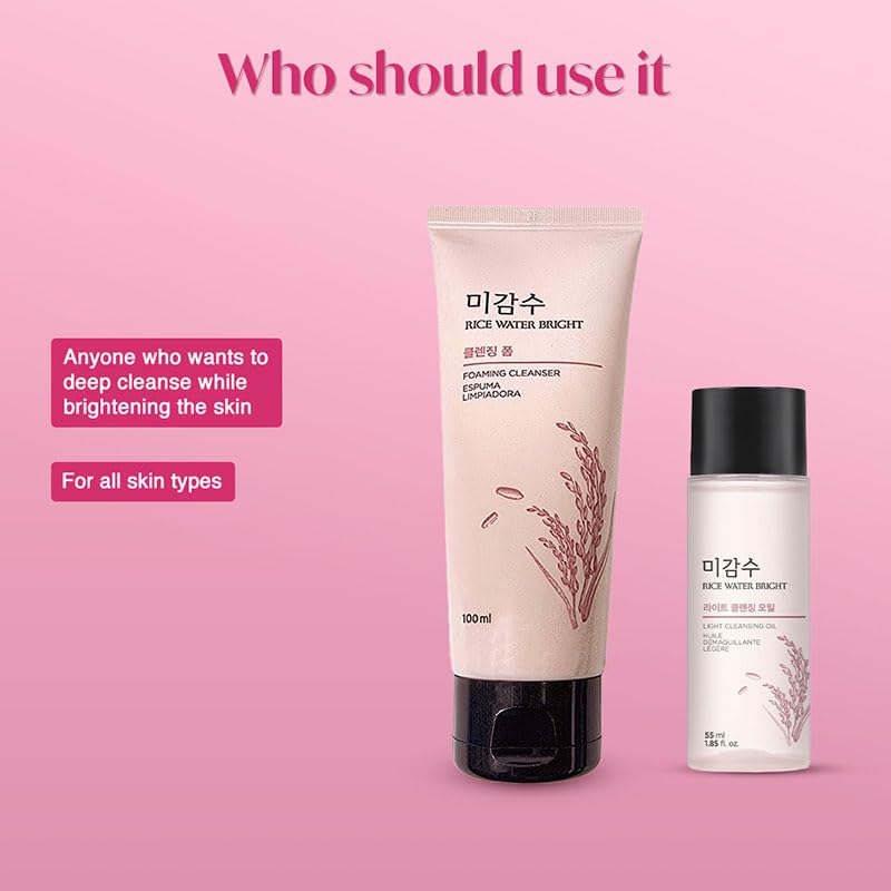 The Face Shop 2 Step Rice Water Bright Kit | Rice Water Bright Foaming Face Wash 100ml + Rice Water Bright Light Cleansing Oil 55ml