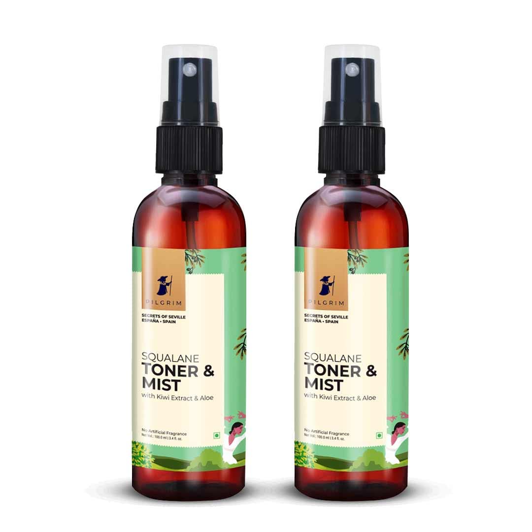 Pilgrim Squalane Toner & Mist Pack of 2 Face toner for glowing skin |Toner for refreshing & hydrating skin |Alcohol-free toner for open pores tightening |No parabens & sulphates |All skin types,100ml