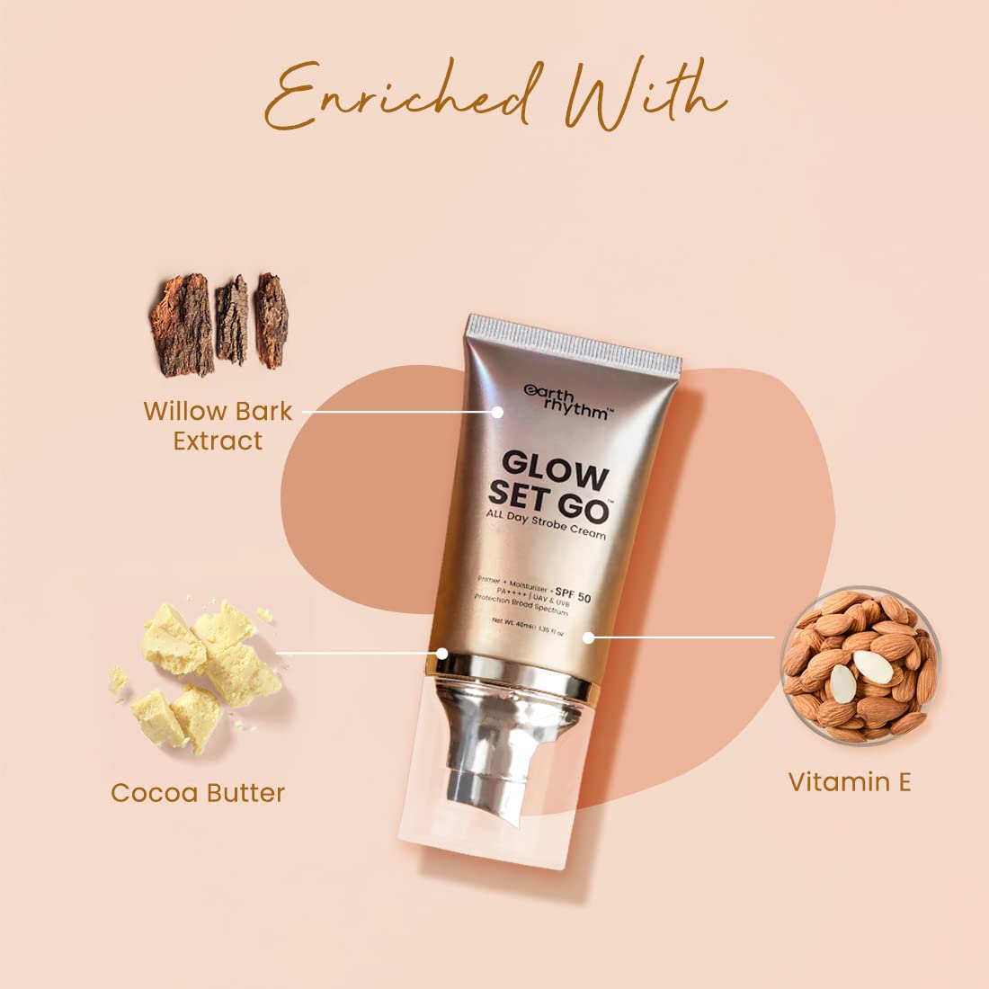 Earth Rhythm Glow Set Go Multipurpose Strobe Cream Spf 50 PA++++ | Primer, Highlighter, Moisturizer | Cocoa Butter, Vitamin E - Golden Glow - 40ml