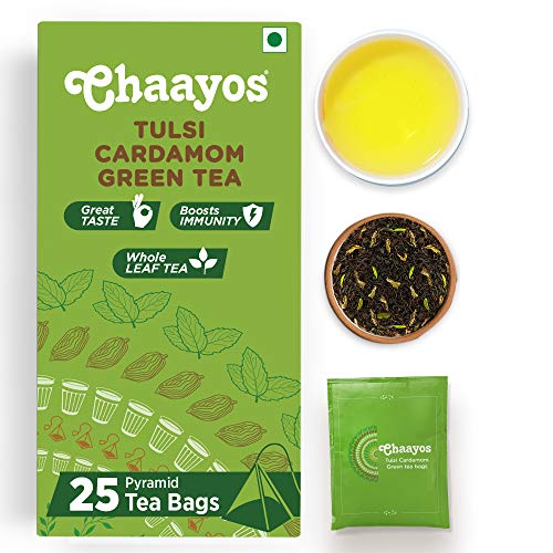 Chaayos Green Tea Bags - Tulsi Cardamom (25 Pyramid Tea Bags) | Tulsi and Cardamom Flavoured Green Tea | Green Tea | Herbal Tea | Tulsi Green Tea | Detox Green Tea