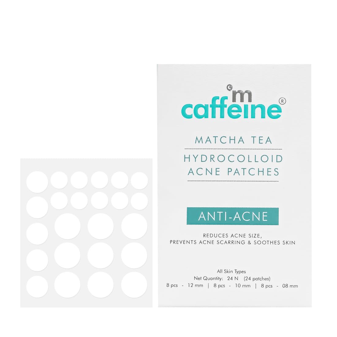 mCaffeine Matcha Tea Hydrocolloid Acne Patches with 0.5% Salicylic Acid | Invisible Waterproof Patches for Active Acne & Pimples | Reduces Acne Size in 2 Uses | for both Women and Men | All Skin Types - 3 Sizes (24N x1)