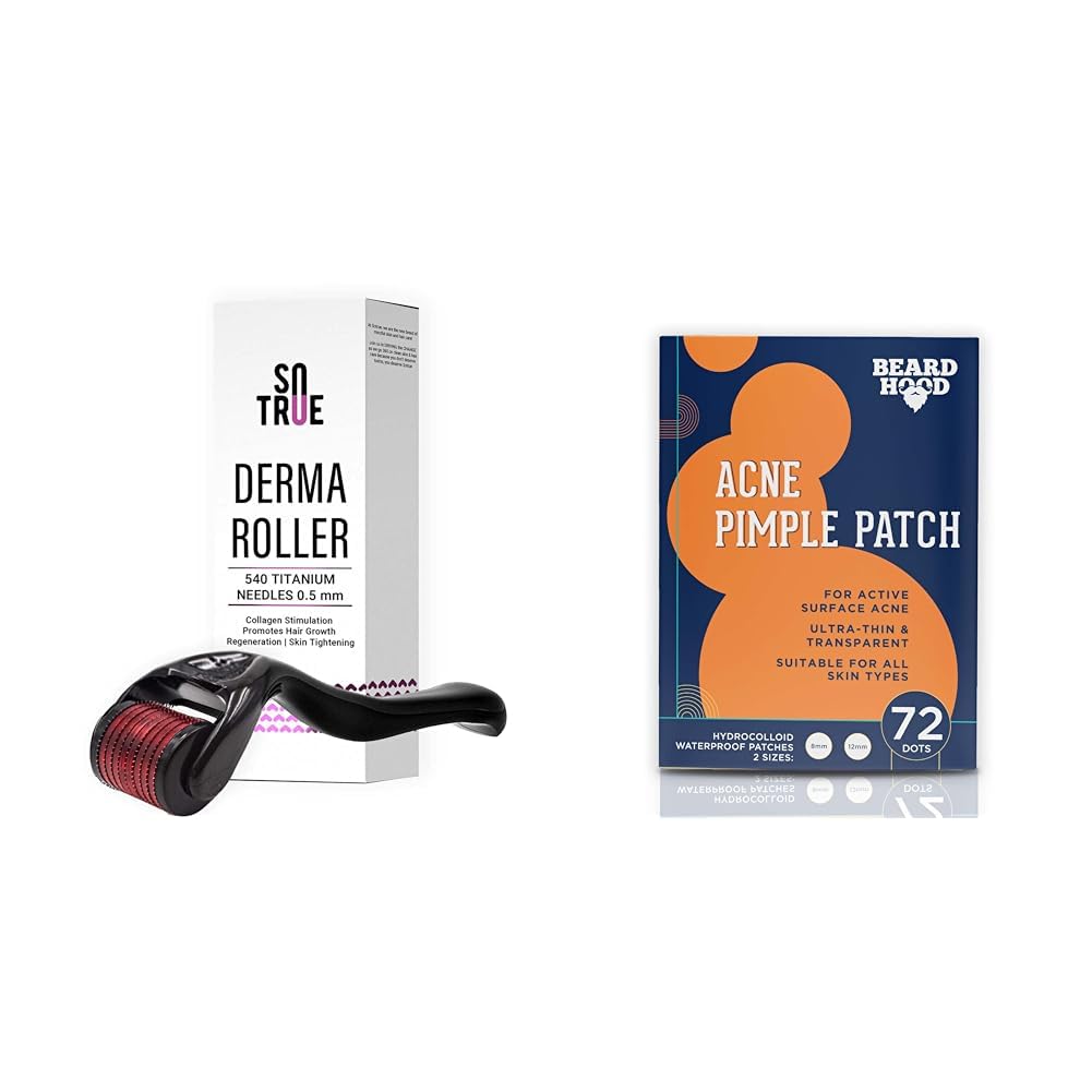 Sotrue Derma Roller For Hair Growth 0.5 mm with 540 Titanium Needles and Beardhood Acne Pimple Patch | 72 Hydrocolloid Waterproof Patche